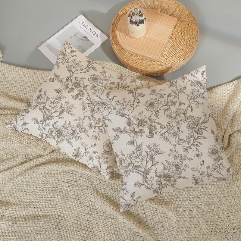 GOLIANDA Tan Khaki Pillow Covers 18x18 Set of 2 Vintage Floral Chinoiserie Throw Pillows Rustic Toile Flower Decorative Pillowcase Outdoor Chinoiserie Decor Farmhouse Linen Cushion Case for Couch Sofa - Image 5