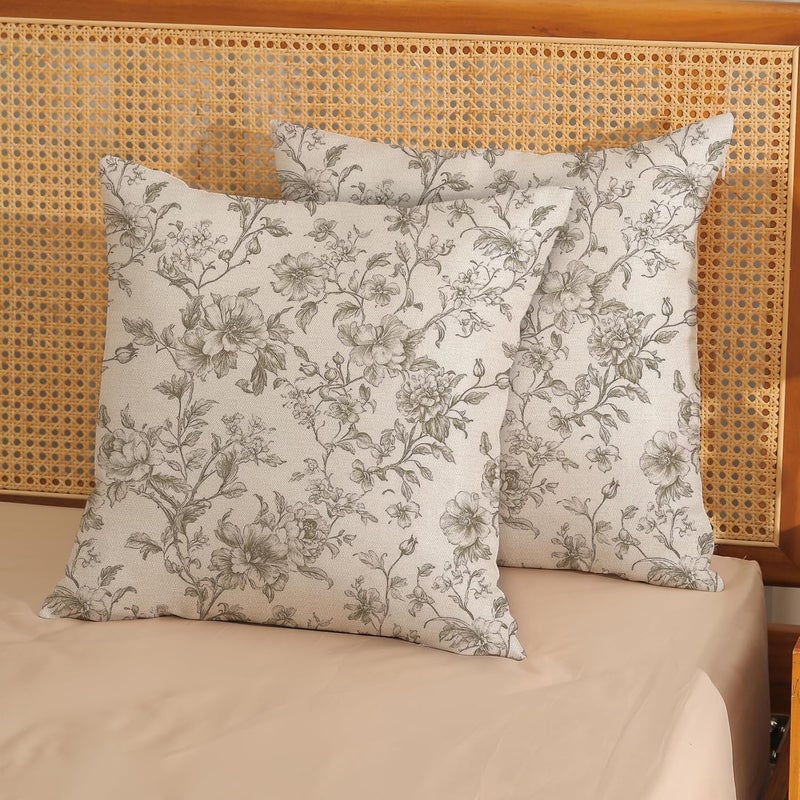 GOLIANDA Tan Khaki Pillow Covers 18x18 Set of 2 Vintage Floral Chinoiserie Throw Pillows Rustic Toile Flower Decorative Pillowcase Outdoor Chinoiserie Decor Farmhouse Linen Cushion Case for Couch Sofa - Image 2