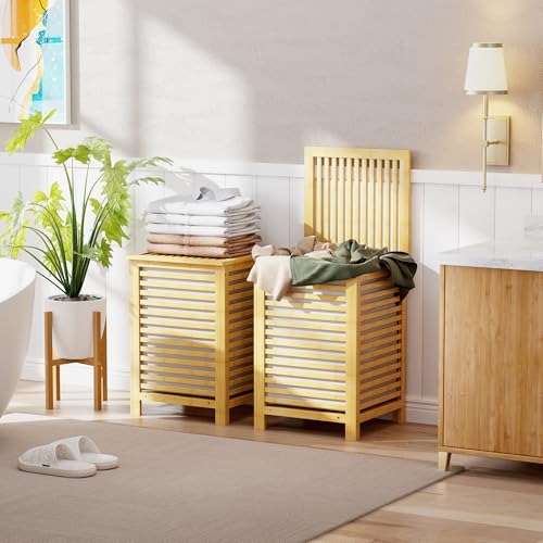 SMIBUY Double Laundry Hamper with Lid 120L Bamboo Laundry Basket with Removable Liner Bag 2Section Clothes Divider Laundry Sorter for Laundry Room Bathroom Bedroom Natural - Image 3