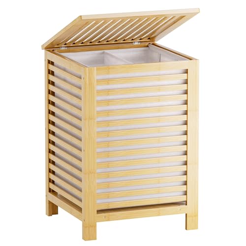 SMIBUY Double Laundry Hamper with Lid 120L Bamboo Laundry Basket with Removable Liner Bag 2Section Clothes Divider Laundry Sorter for Laundry Room Bathroom Bedroom Natural - Image 1