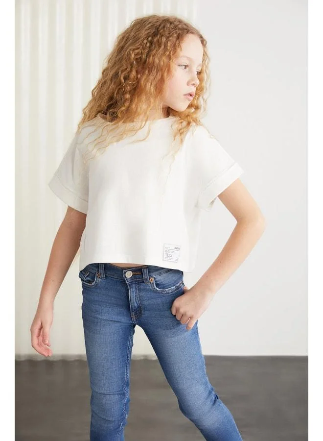 Grimelange Verena Girls %100 Cotton Double Sleeve Decorative Tag White T-shirt.