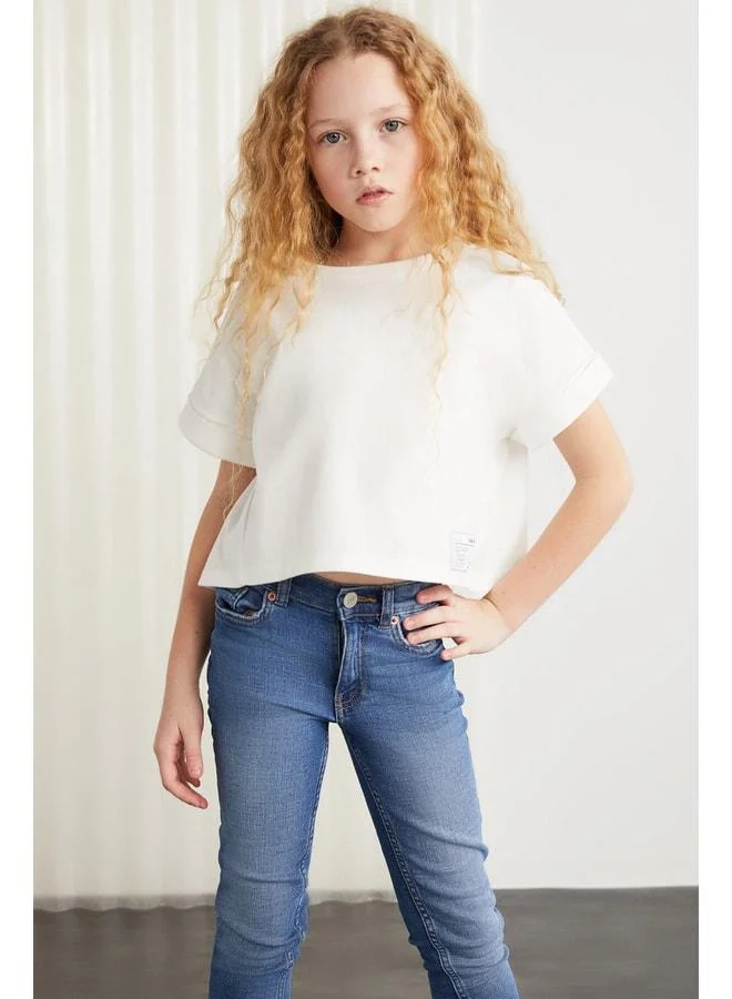 Grimelange Verena Girls %100 Cotton Double Sleeve Decorative Tag White T-shirt.