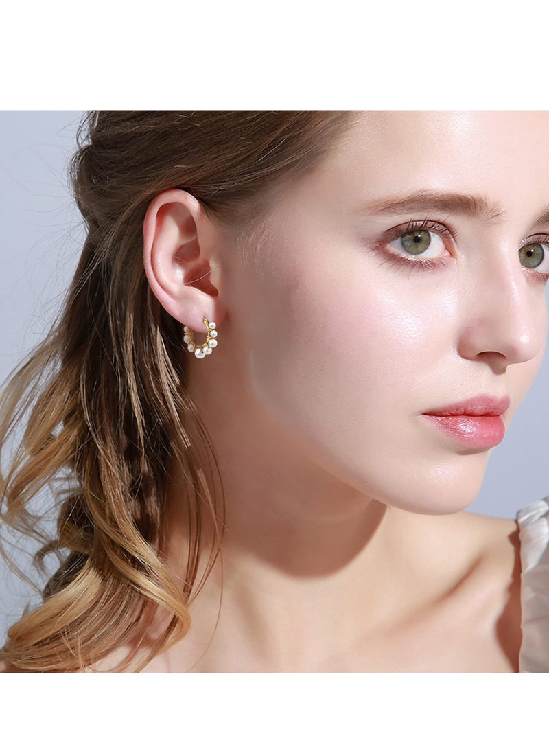 SYOSI Pearl Gold Hoop Earrings for Women, 14K Gold Plated Lightweight Cute Pearl Earrings for Girls - Image 3