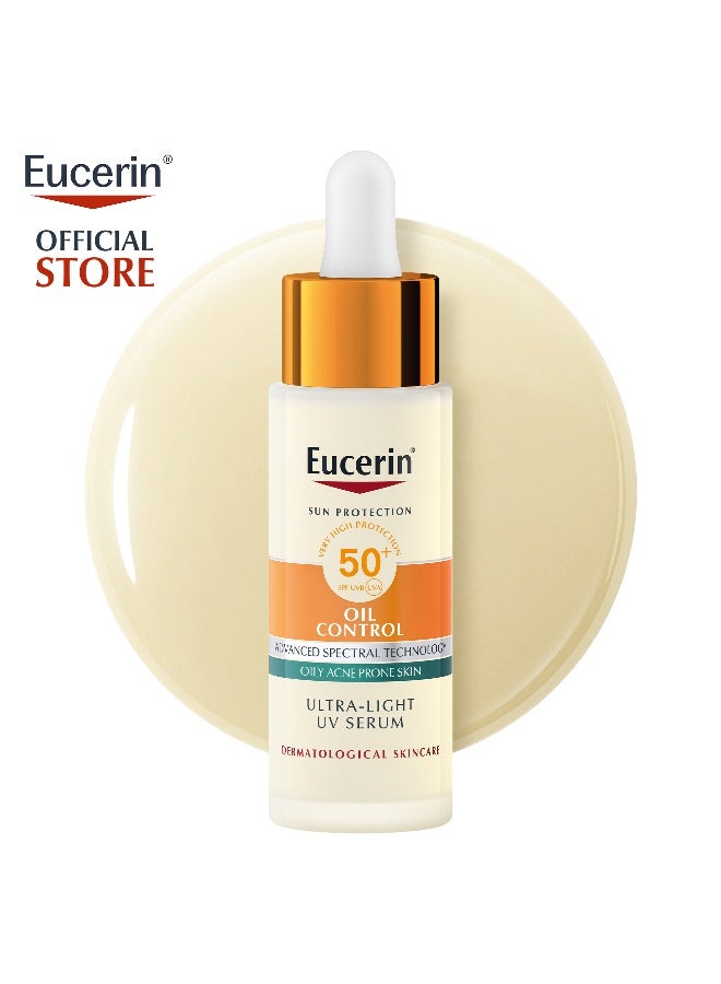 Eucerin Sunscreen Oil Control Ultra-Light UV Daily Serum SPF 50+, Ultra-light & Mattifying Face Serum with SPF. Offers Very High UVA/UVB Protection, Oil Control & Pollution Defense for Oily & Acne Prone Skin. 30 ml - Image 1