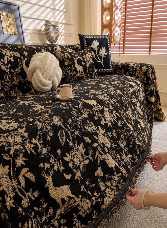 DREAMINGO Black Vintage Couch Cover Botanical Deer Jacquard Sofa Covers for 2 Cushion Couch Washable Chenille Furniture Protector Throw Slipcovers for Loveseat Sectional, Large 71"x118" - Image 5