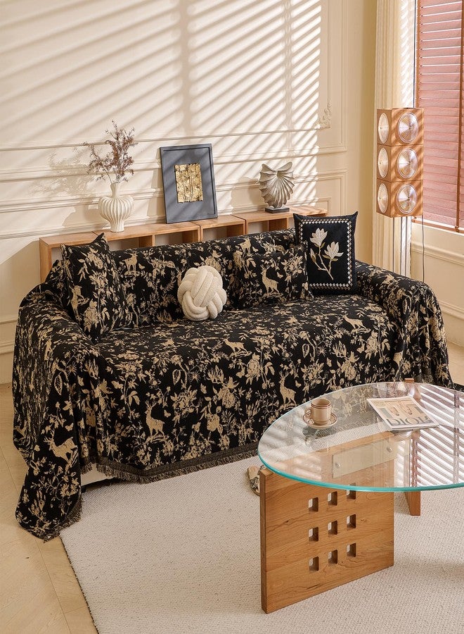 DREAMINGO Black Vintage Couch Cover Botanical Deer Jacquard Sofa Covers for 2 Cushion Couch Washable Chenille Furniture Protector Throw Slipcovers for Loveseat Sectional, Large 71"x118" - Image 1