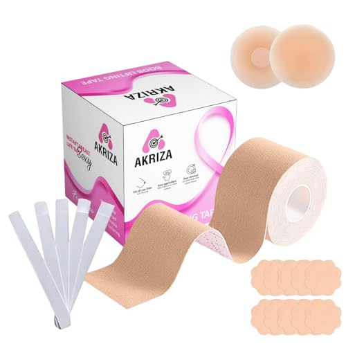 AKRIZA Boob Tape kit - Instant Boob Lift Tape with 10 Reusable Nipple Pasties, 36 Double Sided Fashion Strips for Cloth and 1 Pair Silicone Nipple Cover for Women (Biege) - Image 1
