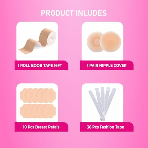 AKRIZA Boob Tape kit - Instant Boob Lift Tape with 10 Reusable Nipple Pasties, 36 Double Sided Fashion Strips for Cloth and 1 Pair Silicone Nipple Cover for Women (Biege) - Image 2