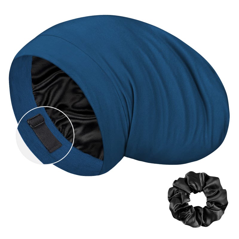 LULUSILK Mulberry Silk Bonnet for Sleeping Women Real Silk Sleep Cap for Curly Hair and Braids Pure Head Wrap with Scrunchies Bijou Blue