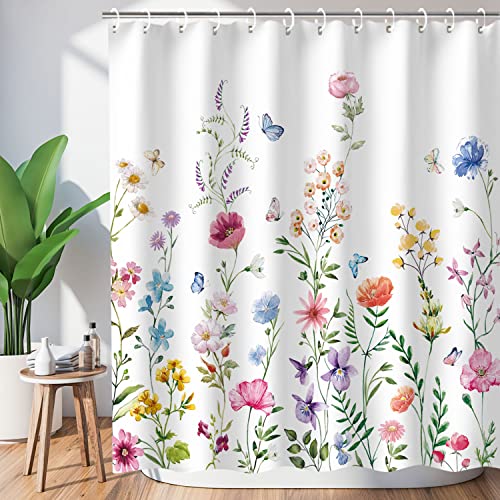 LIVILAN Floral Shower Curtain for Bathroom - Watercolor Plant Design with 12 Hooks, Pretty Wildflower Pattern, Decorative Machine Washable, 72" W x 72" H - Image 1