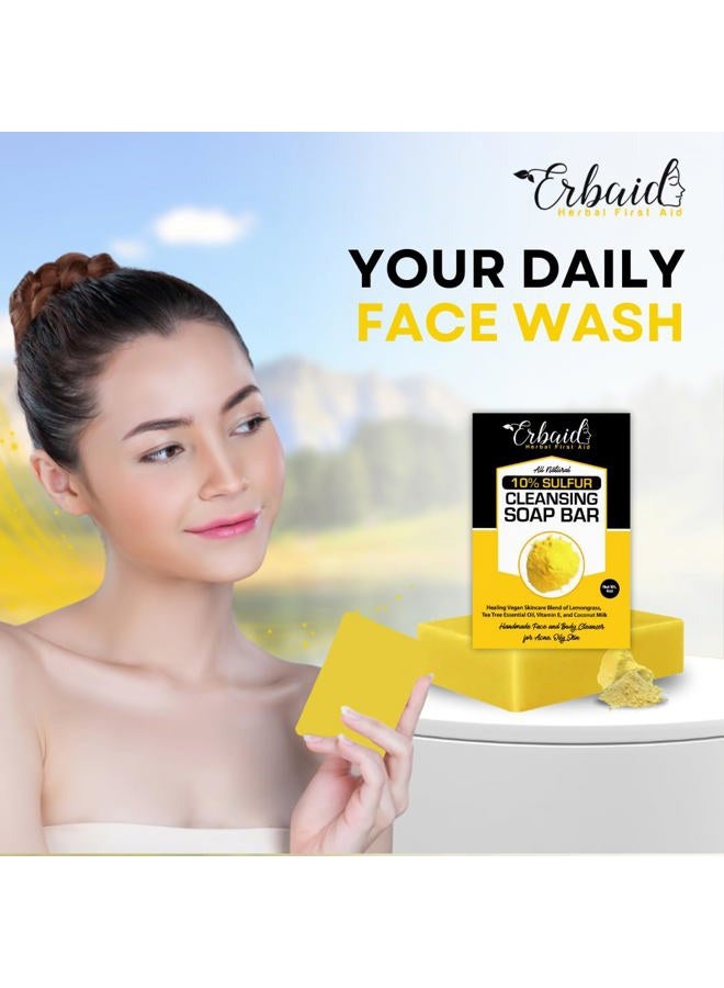Erbaid (118ml (Pack of 1)) - 10% Sulphur Soap Cleansing Bar for Face & Body - All Natural Facial Cleanser for Acne, Oily Skin - Healing Skincare Blend of Lemongrass, Tea Tree Essential Oil, Vitamin E, Coc... - Image 3