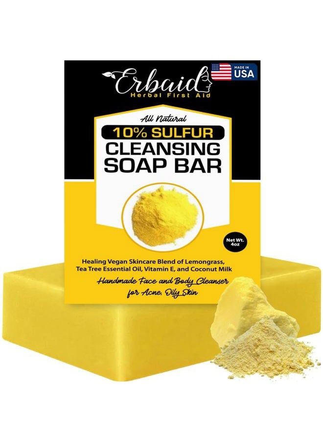 Erbaid (118ml (Pack of 1)) - 10% Sulphur Soap Cleansing Bar for Face & Body - All Natural Facial Cleanser for Acne, Oily Skin - Healing Skincare Blend of Lemongrass, Tea Tree Essential Oil, Vitamin E, Coc... - Image 1