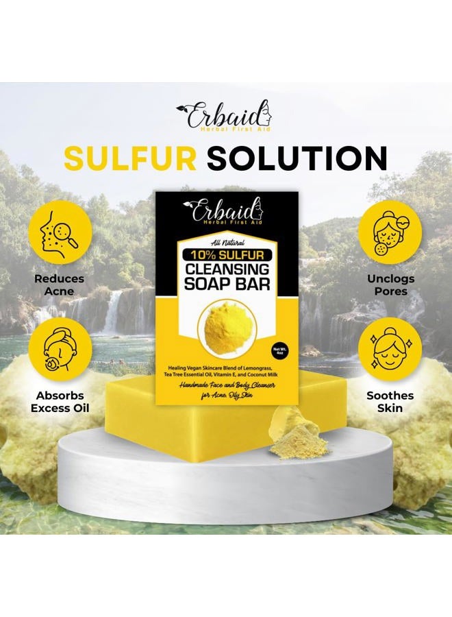 Erbaid (118ml (Pack of 1)) - 10% Sulphur Soap Cleansing Bar for Face & Body - All Natural Facial Cleanser for Acne, Oily Skin - Healing Skincare Blend of Lemongrass, Tea Tree Essential Oil, Vitamin E, Coc... - Image 2