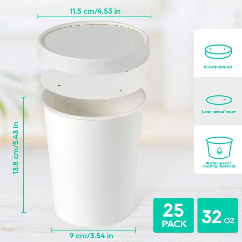 JOLLY PARTY 25pack 32oz Paper Soup Containers with Lids  Disposable Food Cups  White Ice Cream Bowls  Paper food Storage with Vented Lids  for Restaurants  To-Go Lunch - Image 2