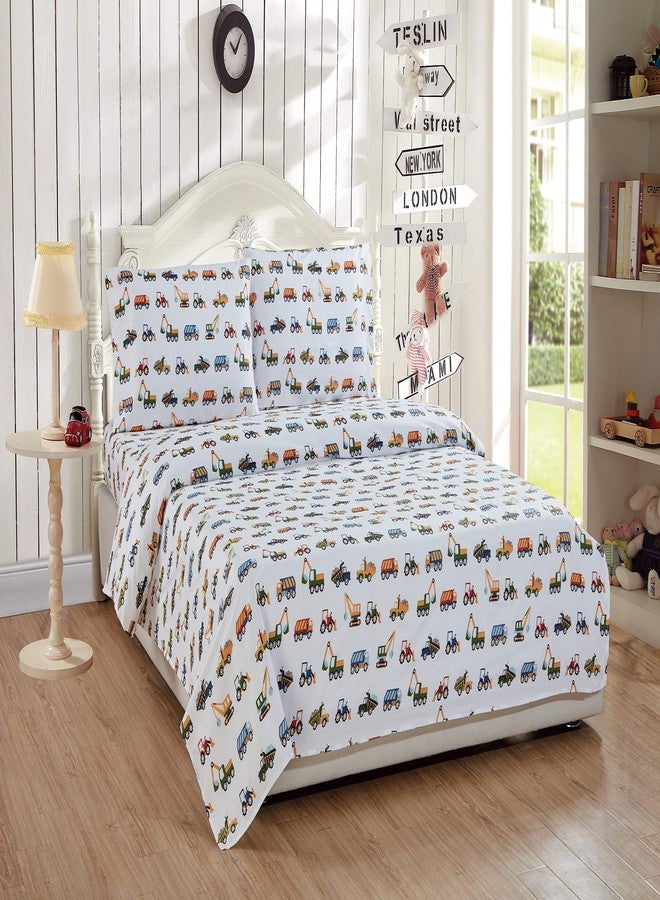 Linen Plus Sheet Set for Kids Construction Tractors Excavators Loaders Dump Trucks Compactors White Blue Red Green Yellow Grey Flat Fitted and Pillow case Twin Size New - Image 2