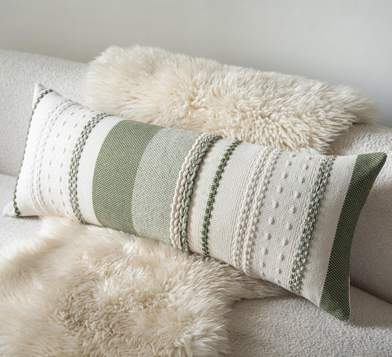 Cethom Boho Lumbar Pillow Covers 14x36 Inch Long, Green Textured Decorative Couch Pillow Cases for Farmhouse Home Decor, Accent Cushion Cover for Sofa, Bed, Living Room, Bedroom, Pack of 1 - Image 1