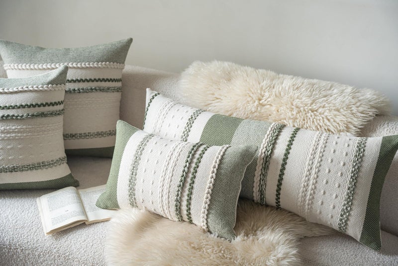 Cethom Boho Lumbar Pillow Covers 14x36 Inch Long, Green Textured Decorative Couch Pillow Cases for Farmhouse Home Decor, Accent Cushion Cover for Sofa, Bed, Living Room, Bedroom, Pack of 1 - Image 2