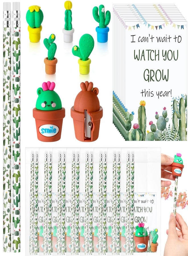 Fuyoooo 25 Sets Cactus Back to School Gifts for Student Cactus Pencil Succulent Eraser Succulent Potted Pencil Sharpener Card Bags First Day of School Gifts for Classroom Rewards Stationery Supplies - Image 1