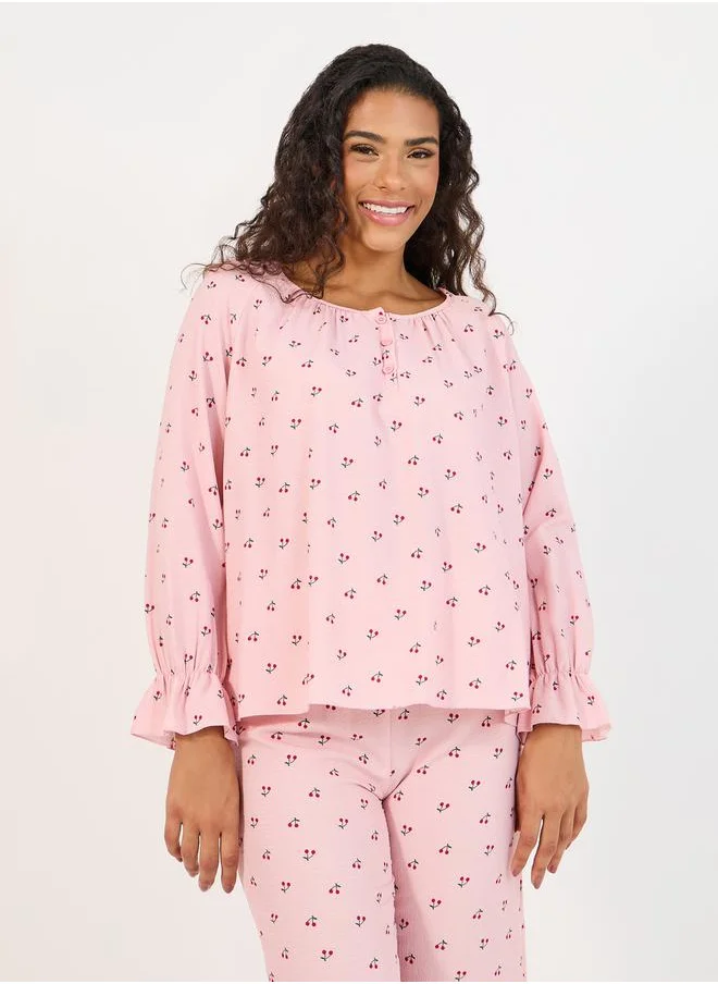 Styli Long Sleeves Placket Detail Cherry Top & Pyjama Set