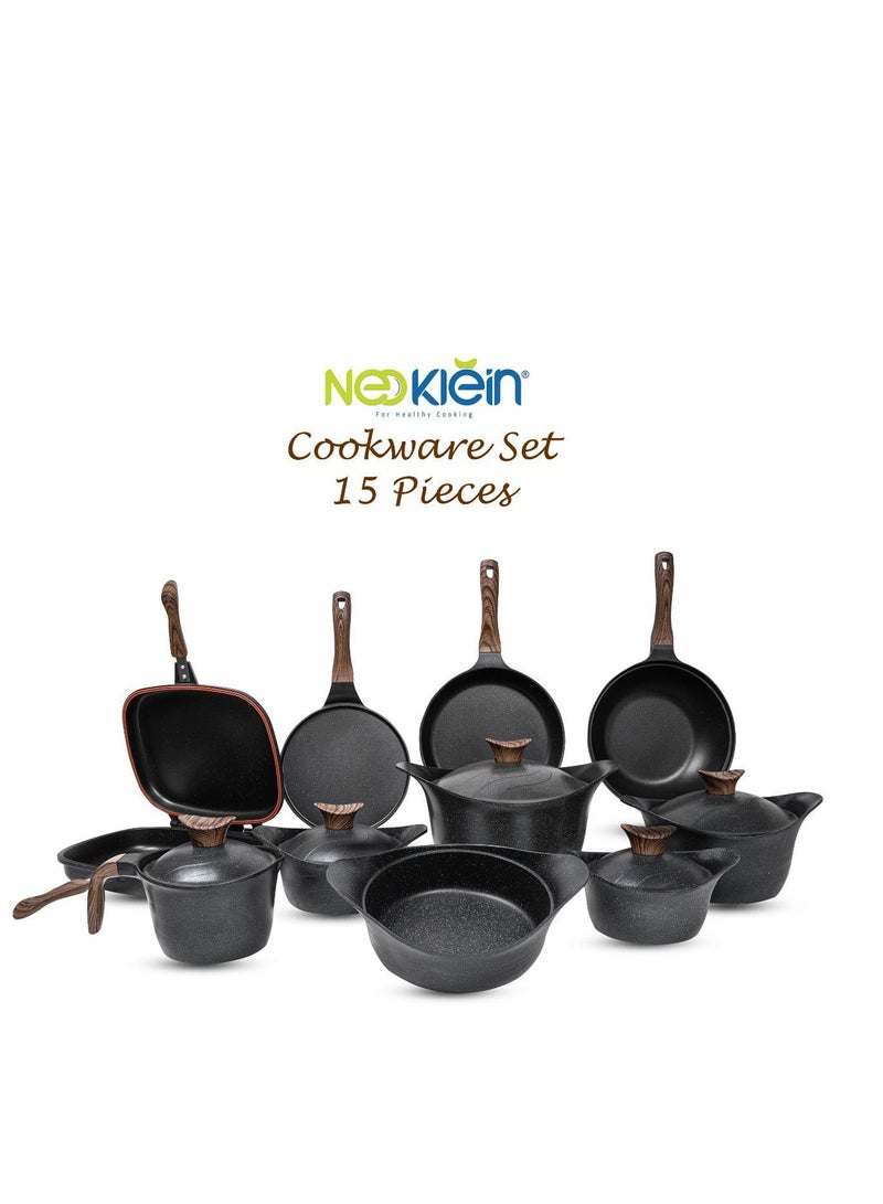NeoKlein 15 Piece Neoklein Set Of Round Pot (18+20+24+30) + oven tray 24 + frying pan 28 + double grill 36 + labneh 18 + wok m 30 + crepe pan- Black  - Image 1