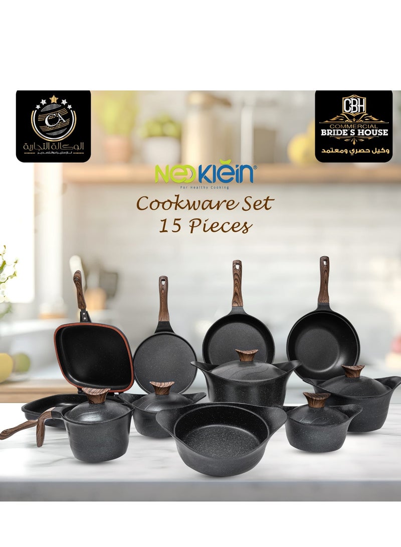 NeoKlein 15 Piece Neoklein Set Of Round Pot (18+20+24+30) + oven tray 24 + frying pan 28 + double grill 36 + labneh 18 + wok m 30 + crepe pan- Black  - Image 2