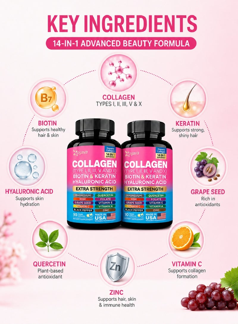 Zoyava 2 Bottles Collagen Types I, II, III, V & X with Biotin, Keratin, Hyaluronic Acid, MSM, Vitamin A, Vitamin C, Vitamin E, Folic Acid, Zinc, Magnesium, Grape Seed Extract & Quercetin – 90 Capsules - Image 2