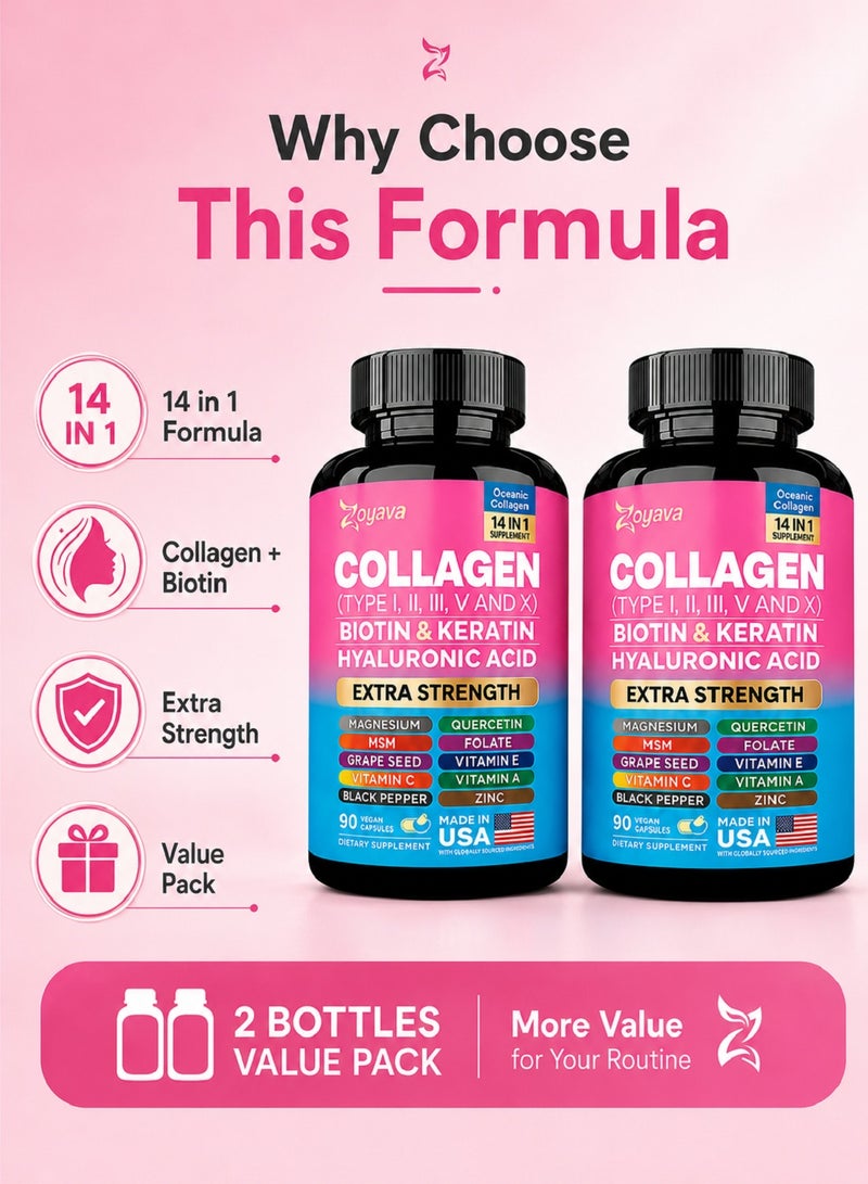 Zoyava 2 Bottles Collagen Types I, II, III, V & X with Biotin, Keratin, Hyaluronic Acid, MSM, Vitamin A, Vitamin C, Vitamin E, Folic Acid, Zinc, Magnesium, Grape Seed Extract & Quercetin – 90 Capsules - Image 4