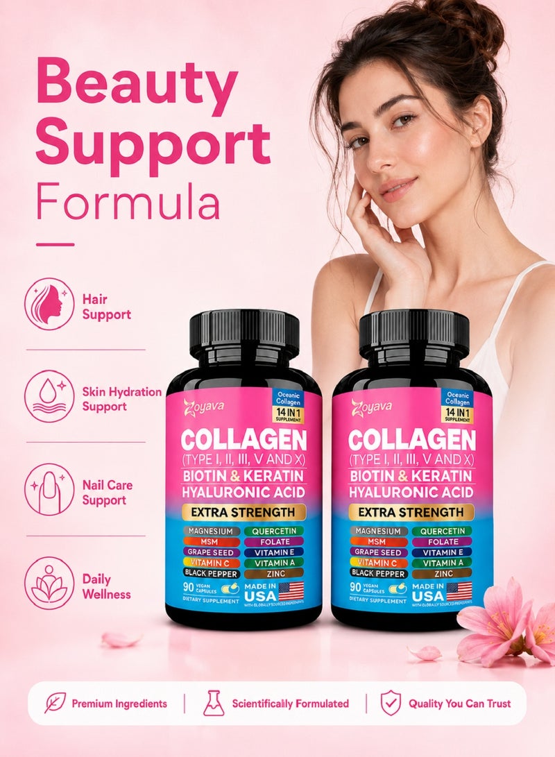 Zoyava 2 Bottles Collagen Types I, II, III, V & X with Biotin, Keratin, Hyaluronic Acid, MSM, Vitamin A, Vitamin C, Vitamin E, Folic Acid, Zinc, Magnesium, Grape Seed Extract & Quercetin – 90 Capsules - Image 3
