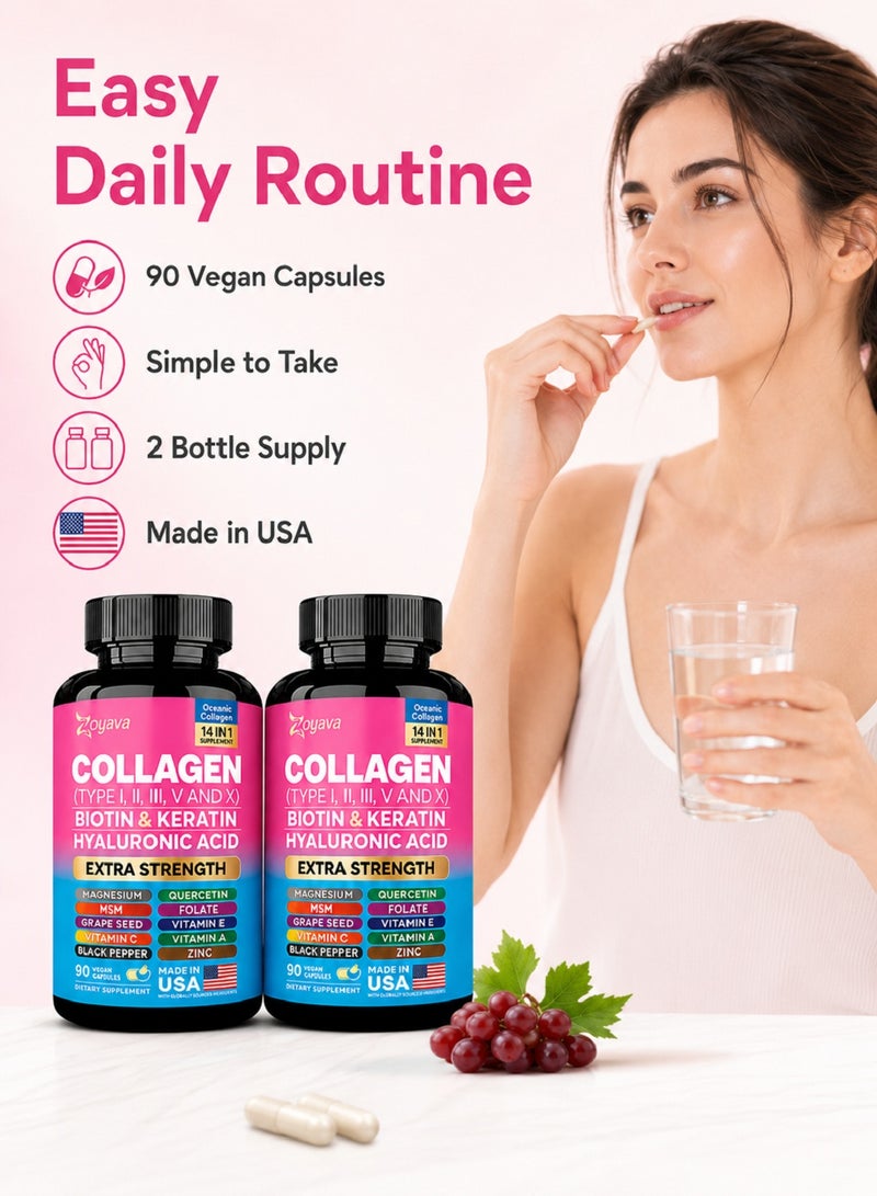 Zoyava 2 Bottles Collagen Types I, II, III, V & X with Biotin, Keratin, Hyaluronic Acid, MSM, Vitamin A, Vitamin C, Vitamin E, Folic Acid, Zinc, Magnesium, Grape Seed Extract & Quercetin – 90 Capsules - Image 5