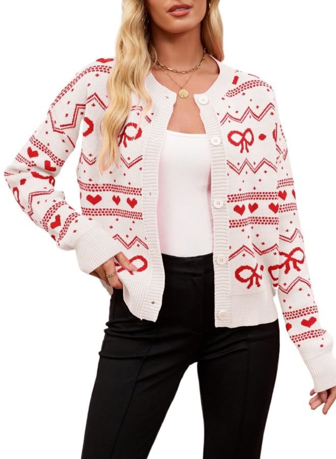 TYHOTULY Valentine's Day Cardigan for Women Kawaii Cute Bow Heart Love Pattern Knitted Cropped Button Up Sweater Trendy Tops, White, M - Image 1