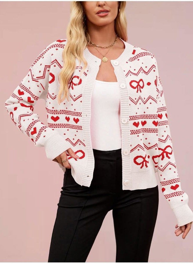 TYHOTULY Valentine's Day Cardigan for Women Kawaii Cute Bow Heart Love Pattern Knitted Cropped Button Up Sweater Trendy Tops, White, M - Image 4