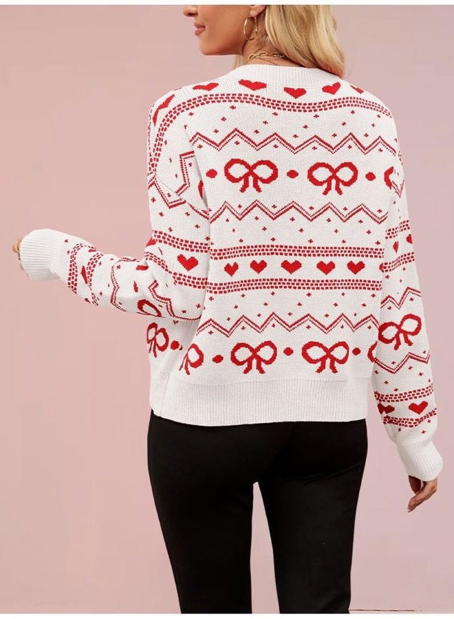 TYHOTULY Valentine's Day Cardigan for Women Kawaii Cute Bow Heart Love Pattern Knitted Cropped Button Up Sweater Trendy Tops, White, M - Image 3