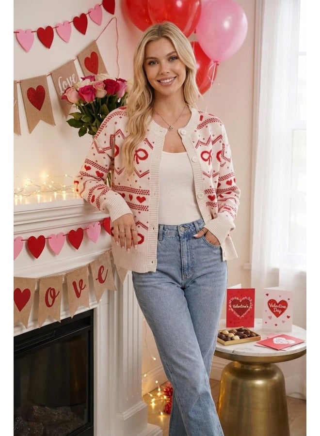 TYHOTULY Valentine's Day Cardigan for Women Kawaii Cute Bow Heart Love Pattern Knitted Cropped Button Up Sweater Trendy Tops, White, M - Image 5