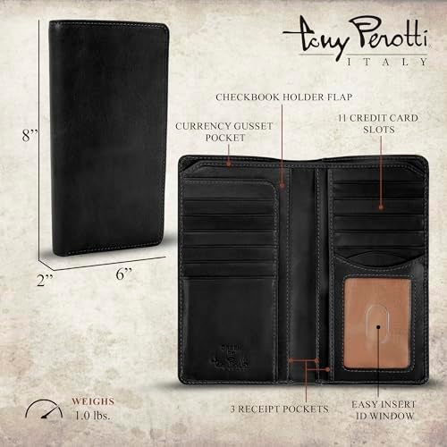Tony Perotti Men's Leather Checkbook Long Wallets - Italian Bifold with Card Holders, Pockets, ID Window - Eco-Friendly Vegetable-Tanned Full Grain - Image 2