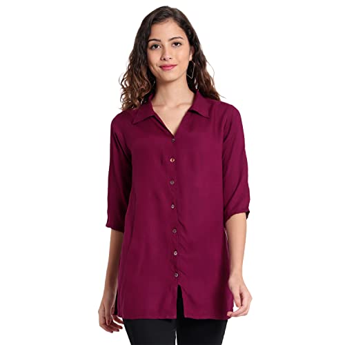 Indietoga Women's Plus Size Burgundy Regular Fit Solid Rayon Longline Casual Shirt Top (2XL) - Image 1