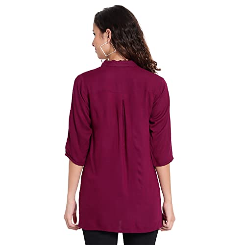 Indietoga Women's Plus Size Burgundy Regular Fit Solid Rayon Longline Casual Shirt Top (2XL) - Image 4