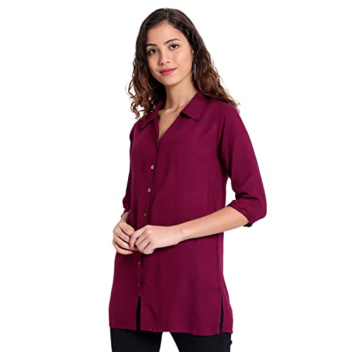 Indietoga Women's Plus Size Burgundy Regular Fit Solid Rayon Longline Casual Shirt Top (2XL) - Image 5