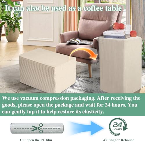 Setguopal Rectangular Pouf Ottoman, Stuffed Floor Pouf with Foam Chunk Filling, Soft Coral Fleece Furry Foot Rest Stool, Multi-Use Ottoman for Living Room, Wide Stripe Boho Decor, Beige - Image 3