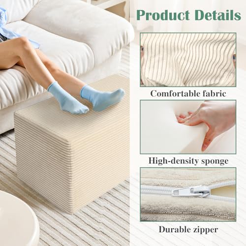 Setguopal Rectangular Pouf Ottoman, Stuffed Floor Pouf with Foam Chunk Filling, Soft Coral Fleece Furry Foot Rest Stool, Multi-Use Ottoman for Living Room, Wide Stripe Boho Decor, Beige - Image 2