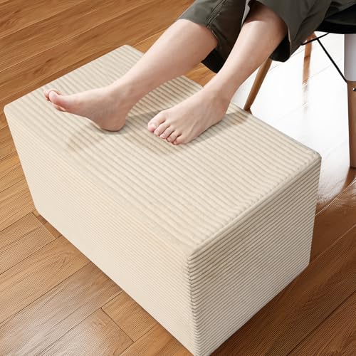 Setguopal Rectangular Pouf Ottoman, Stuffed Floor Pouf with Foam Chunk Filling, Soft Coral Fleece Furry Foot Rest Stool, Multi-Use Ottoman for Living Room, Wide Stripe Boho Decor, Beige - Image 1