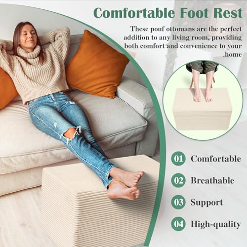 Setguopal Rectangular Pouf Ottoman, Stuffed Floor Pouf with Foam Chunk Filling, Soft Coral Fleece Furry Foot Rest Stool, Multi-Use Ottoman for Living Room, Wide Stripe Boho Decor, Beige - Image 4