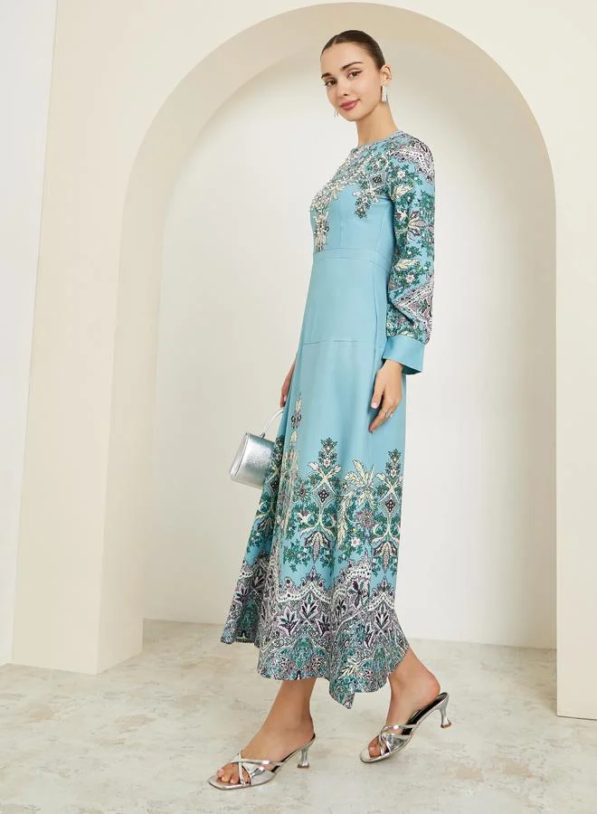 ستايلي فستان طويل أزرق مطرز بالزهور أكمام طويلة