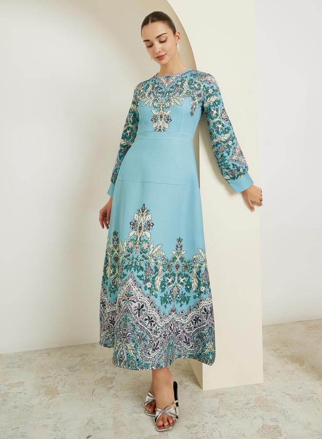 Blue Floral Embellished Long Sleeves Maxi Dress