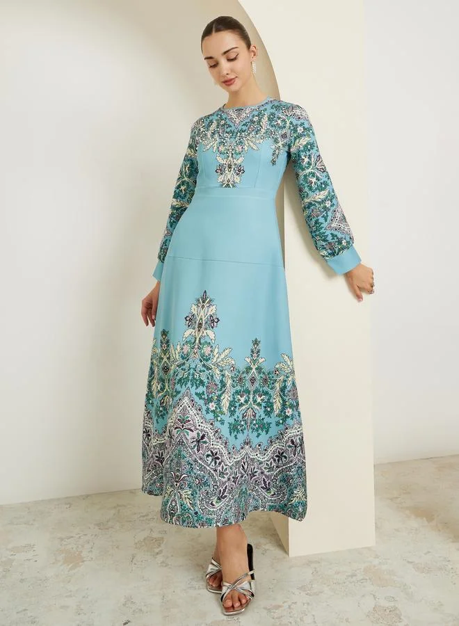 ستايلي فستان طويل أزرق مطرز بالزهور أكمام طويلة