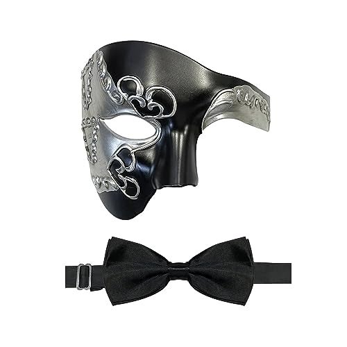 HyperFun Masquerade Mask for Men Phantom of the Opera Half Face Mask with Bowtie, Vintage Venetian Masks for Costume/Theme Parties (Black Earl) - Image 1