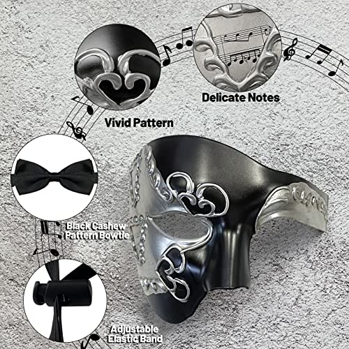 HyperFun Masquerade Mask for Men Phantom of the Opera Half Face Mask with Bowtie, Vintage Venetian Masks for Costume/Theme Parties (Black Earl) - Image 3