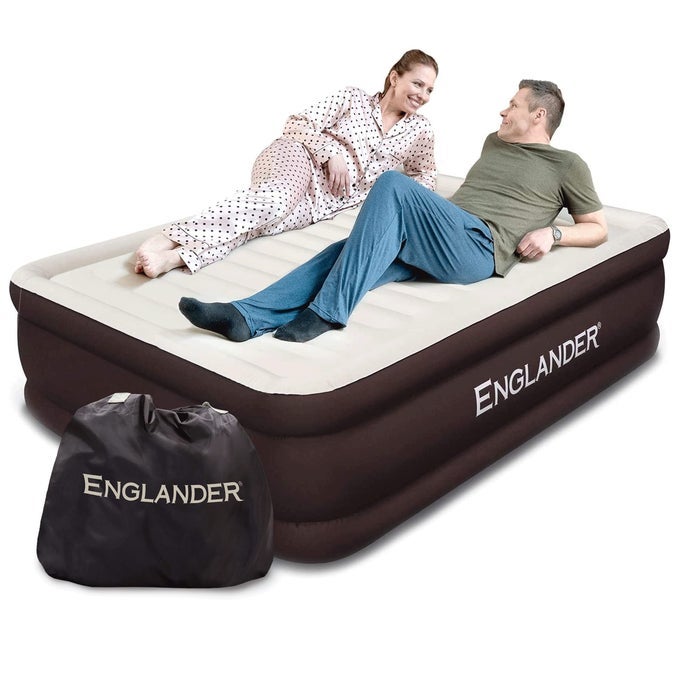 FIRST EVER MICROFIBER AIR MATTRESS MICROFIBER AIRBED WITH BUILT IN PUMP QUEEN BROWNCREAM TOP