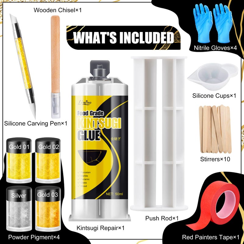 Limino Kintsugi Repair Kit - Gold ï¼† Silver Food Safe Glue for Pottery and Porcelain Repair, Ceramic Repair Resin for Bowls, Plates, Vases, Jades, Newbie Friendly, Meaningful Presents for DIY Art Enthusiasts - Image 2