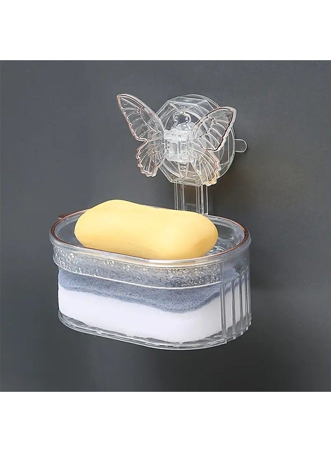 Butterfly Suction Cup Soap Holder, Wall-mounted Soap Tray, Bathroom Punch-free Drain Soap Rack,Double Layer Soap Holder with Sponge Wipe  - Image 1