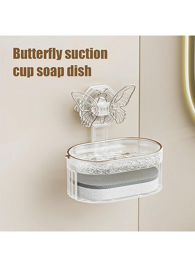 Butterfly Suction Cup Soap Holder, Wall-mounted Soap Tray, Bathroom Punch-free Drain Soap Rack,Double Layer Soap Holder with Sponge Wipe  - Image 2